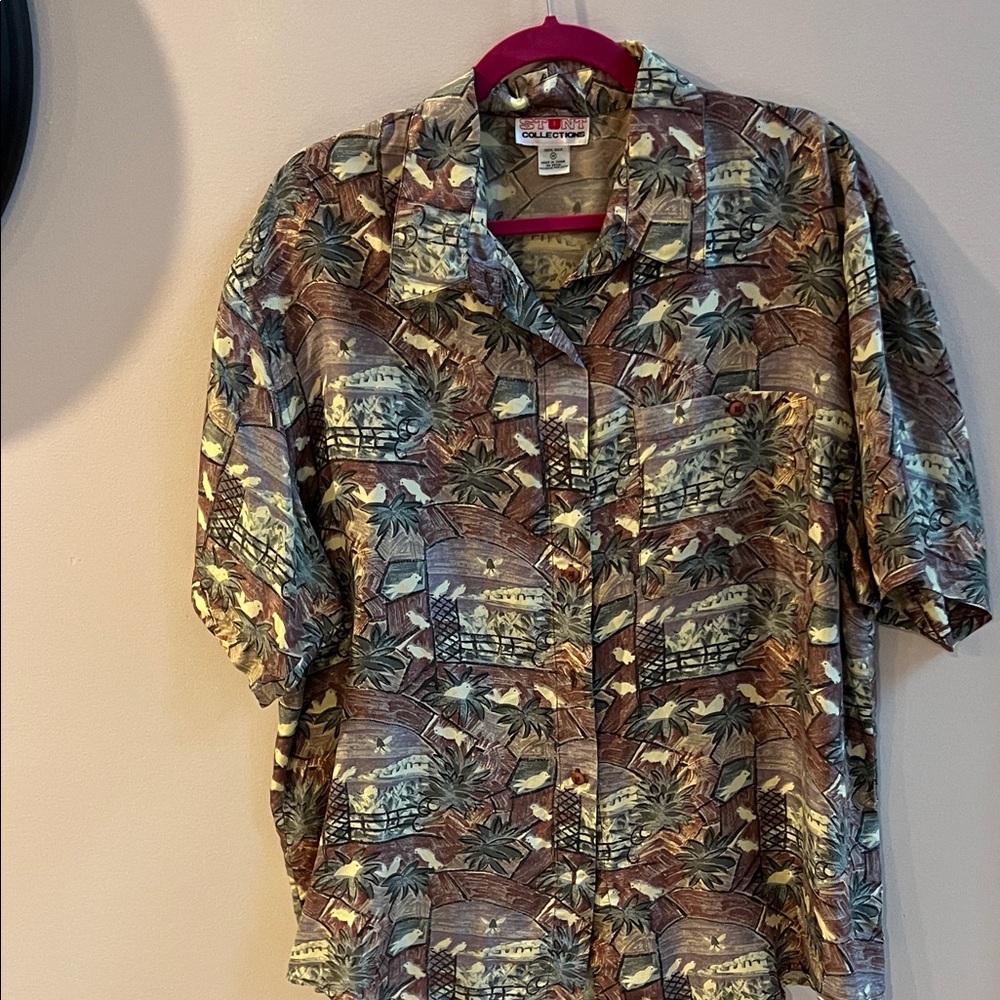 Brown and Green Men's Hawaiian Silk Shirt